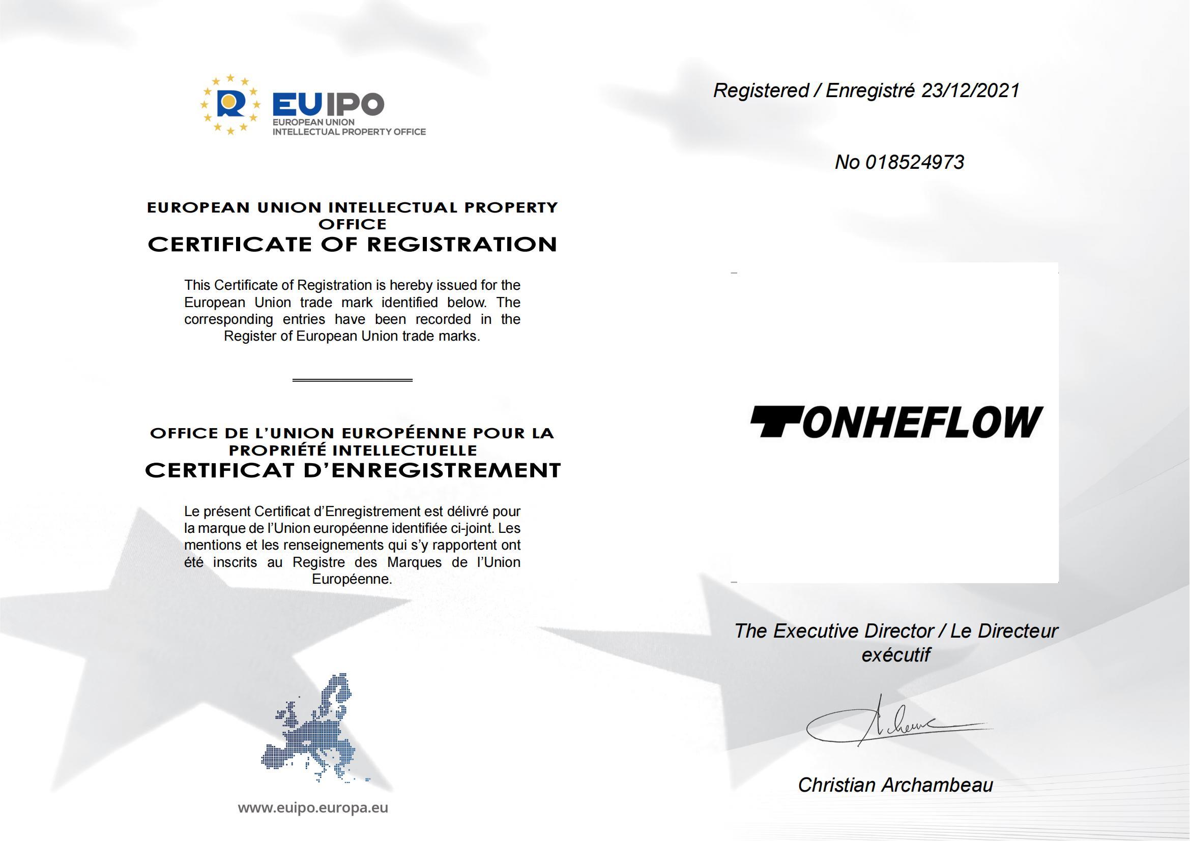 欧盟商标证书-TONHEFLOW